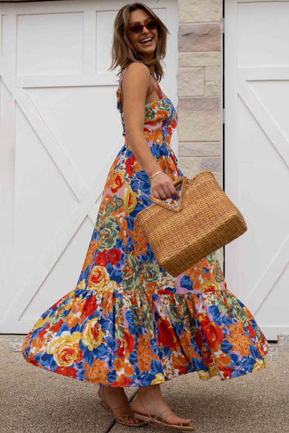 Square Neck Sleeveless Floral Print Pleated Vacation Maxi Dresses