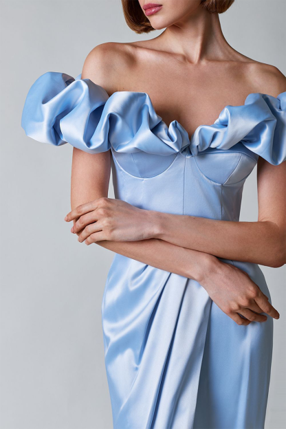 Puffy Ruffled Trim Off Shoulder Corset Slit Formal Party Maxi Dresses-White