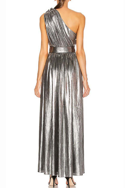 Sheen Metallic One Shoulder Slit Cutout Prom Maxi Dresses