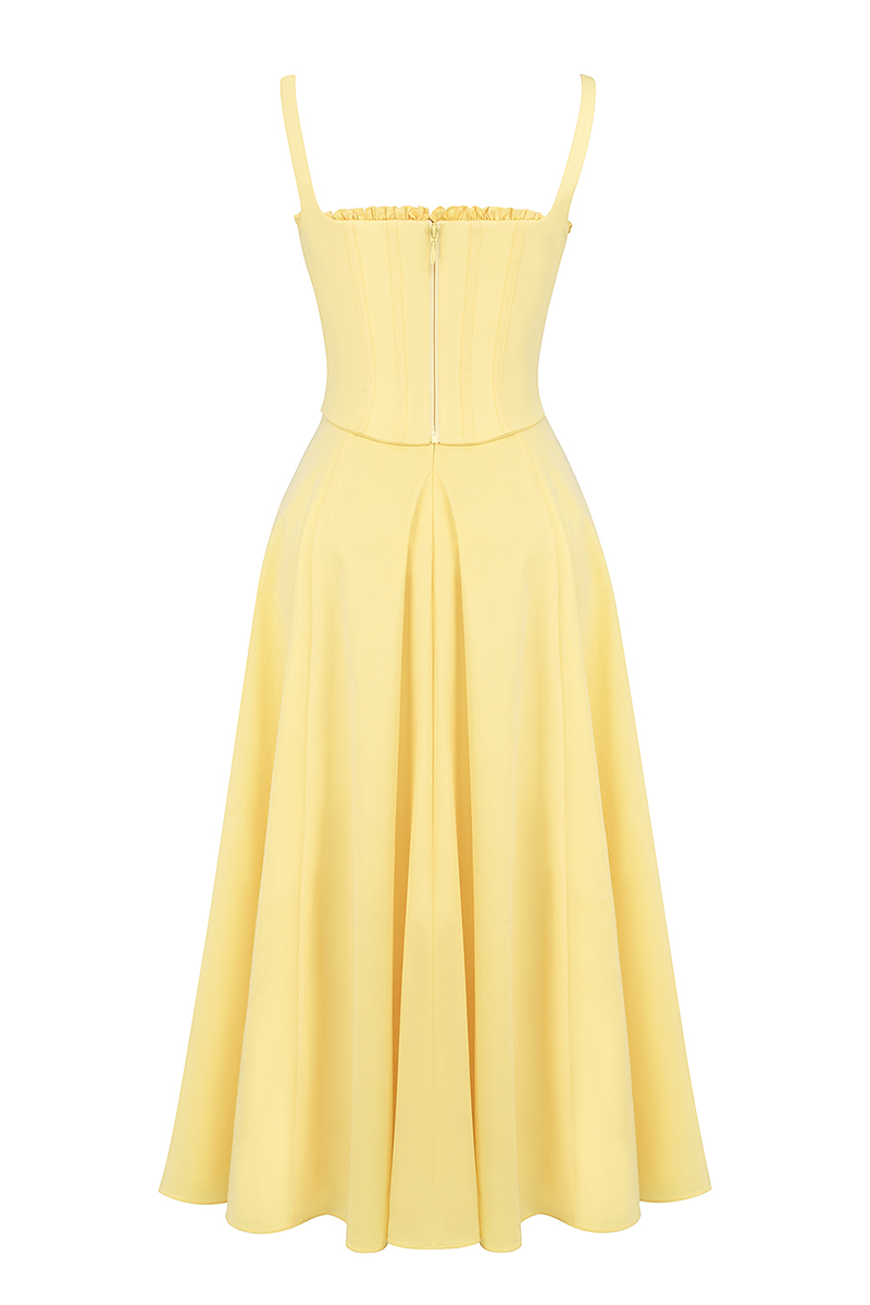 Spaghetti Strap Corset A-Line Slit Hem Midi Dresses-Yellow