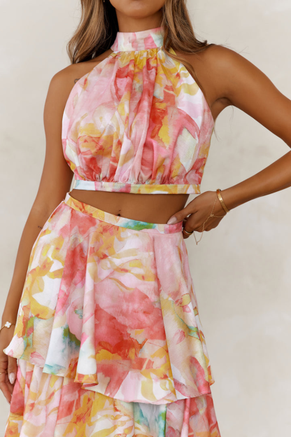 Multicolor Pattern Crop Top Tiered Maxi Skirt Matching Set-Pink