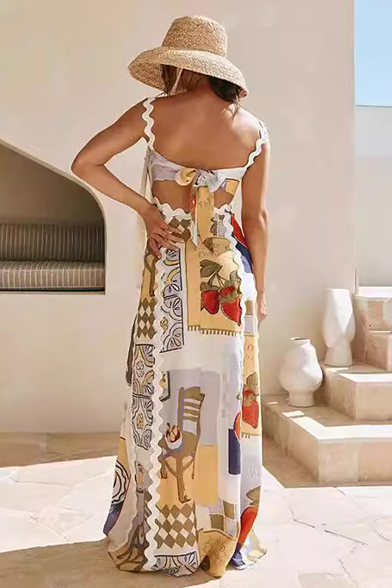 Wavy Trim Drawing Print Tie Up Backless Maxi Strappy Dresses-Beige