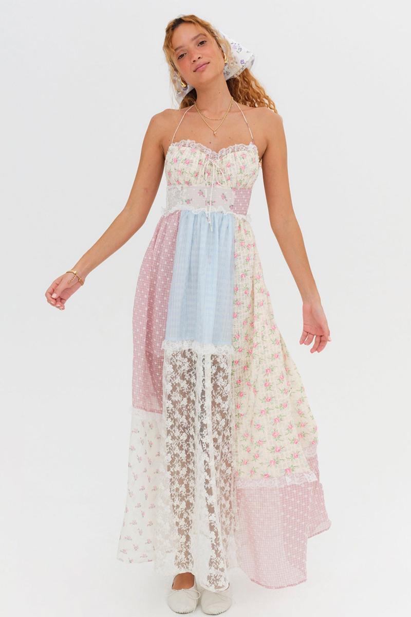 Mixed Prints Patchworks Halter Open Back Maxi Dresses-Pink Pre Order