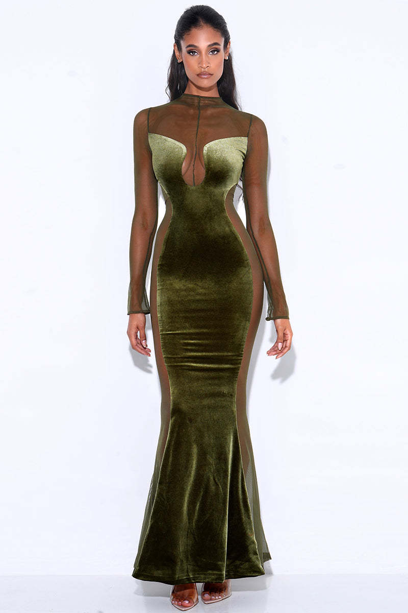 Velvet Mesh Patchwork Long Sleeve Gown Maxi Dresses