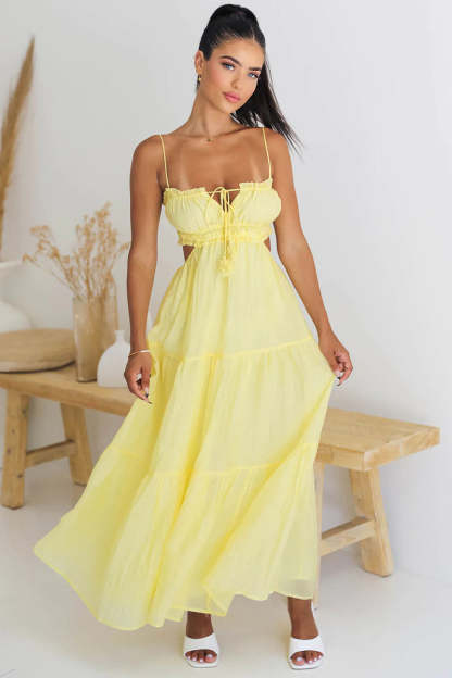 Tied Up Backless Ruched Tiered Pleated Slip Maxi Dress