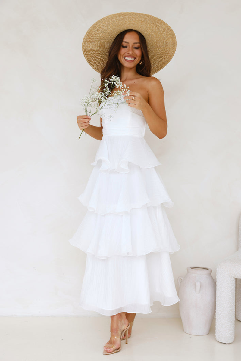 Strapless A-Line Layered Ruffled Hem Maxi Dresses-White