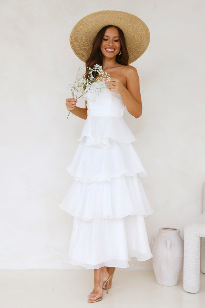 Strapless A-Line Layered Ruffled Hem Maxi Dresses-White
