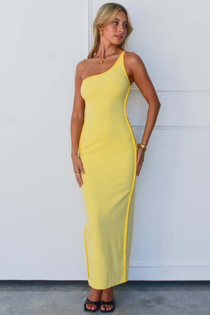 One Shoulder Backless Lace Up Slim Fit Maxi Dresses-Yellow