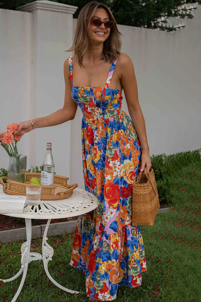 Square Neck Sleeveless Floral Print Pleated Vacation Maxi Dresses