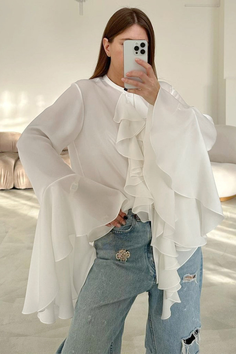 Chiffon Ruffled Trim Bell Sleeve Round Neck Blouse-White
