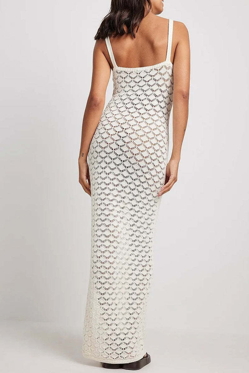 Crochet Irregular Neck Cami Hollow Out High Slit White Cover Up Maxi Dresses
