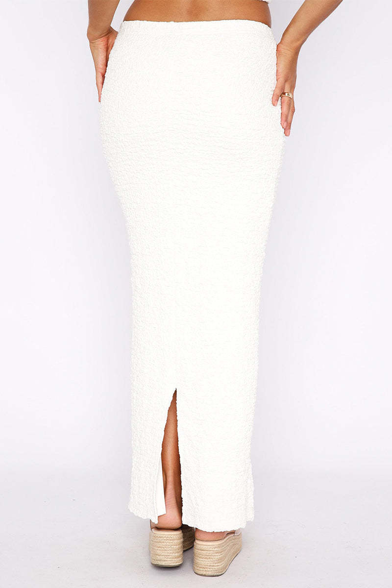 Textured Crop Tube Top Split Bodycon Maxi Skirt Matching Set-White