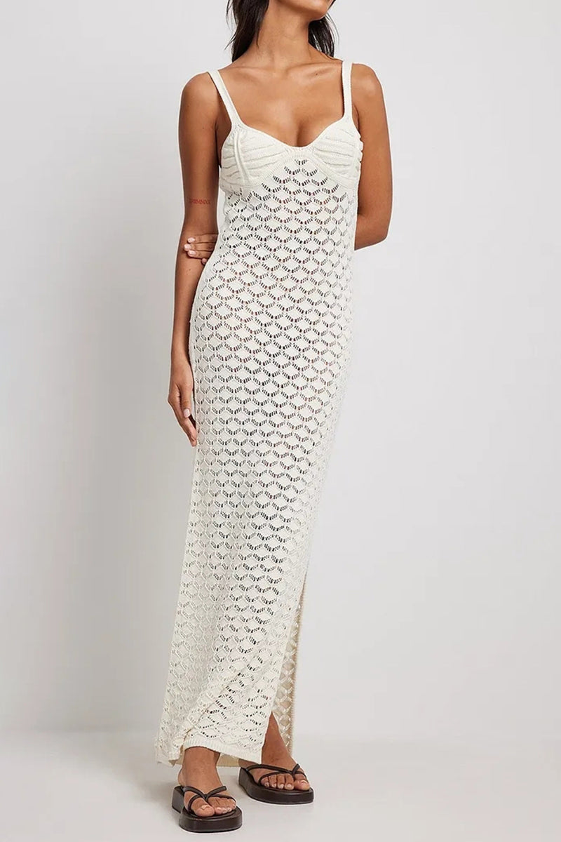 Crochet Irregular Neck Cami Hollow Out High Slit White Cover Up Maxi Dresses