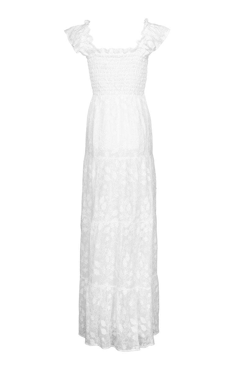 Ruffled Trim Square Neck Jacquard Tiered Maxi Dresses-White
