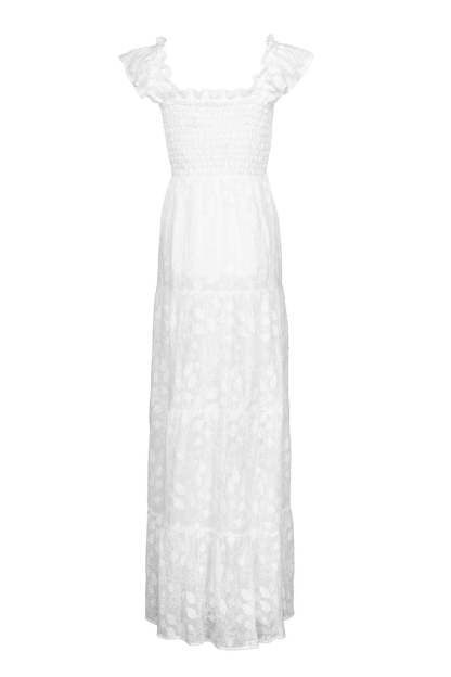 Ruffled Trim Square Neck Jacquard Tiered Maxi Dresses-White