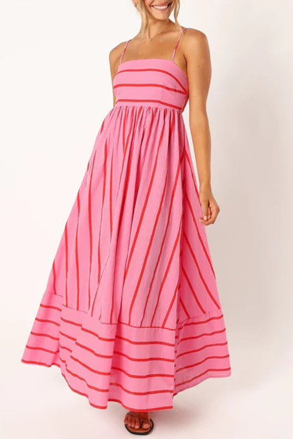 Boat Neck Spaghetti Strap A-Line Backless Striped Print Maxi Dresses-Pink