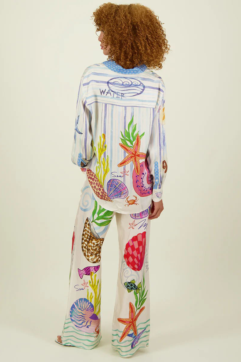 Starfish Seashells Print Long Sleeve Blouse Wide Leg Pants Matching Set-White