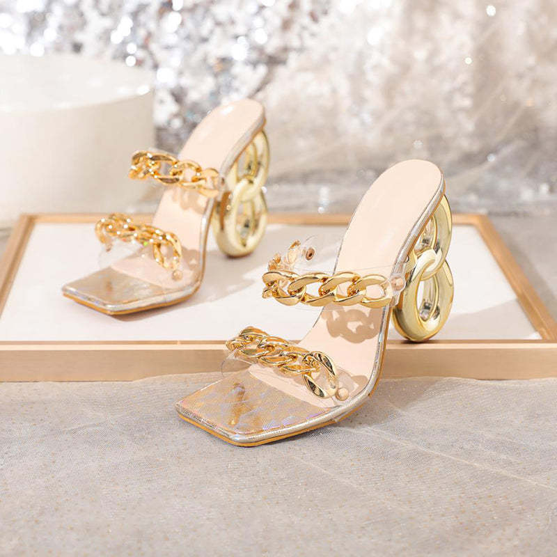 Elegant Metallic Sheen Chain Decor Square Toe Sandal Heels