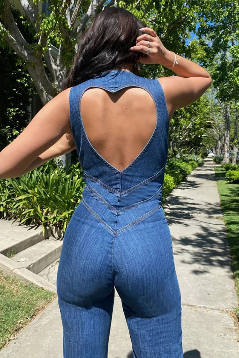 Irregular Neck Sleeveless Slim Heart Shape Cutout Zipper Denim Jumpsuits