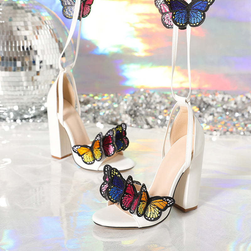 Tie Up Cross Strap Multicolor Embroidered Butterflies Decor Sandal Heels