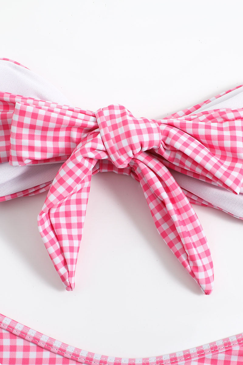 Checker Print Strapless Bow Two Piece Bikini Set