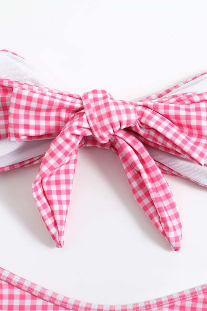 Checker Print Strapless Bow Two Piece Bikini Set