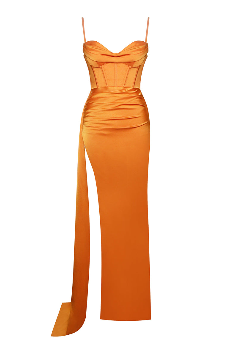 High Slit Irregular Neckline Satin Gown Slip Maxi Dresses