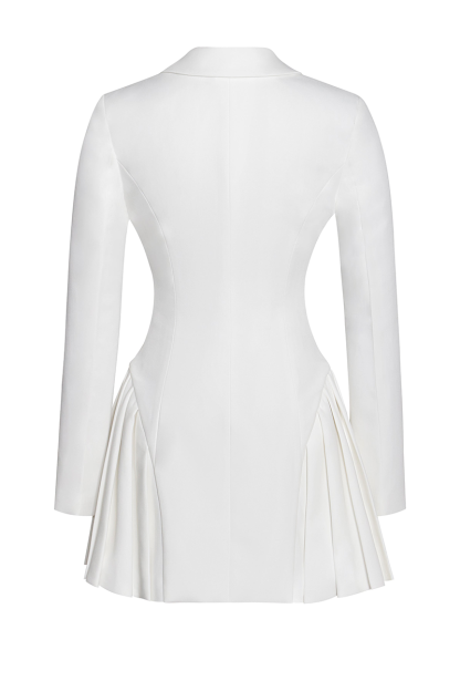 Deep V Neck Long Sleeve Button Up Cinch Waist Pleated Blazer Mini Dresses-White