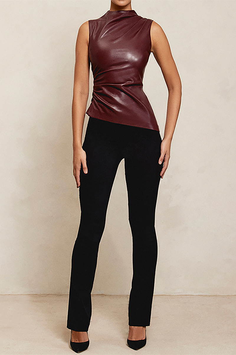 PU Leather Stand Collar Ruched Solid Color Asymmetric Tank Top-Burgundy