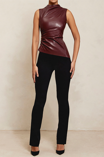 PU Leather Stand Collar Ruched Solid Color Asymmetric Tank Top-Burgundy