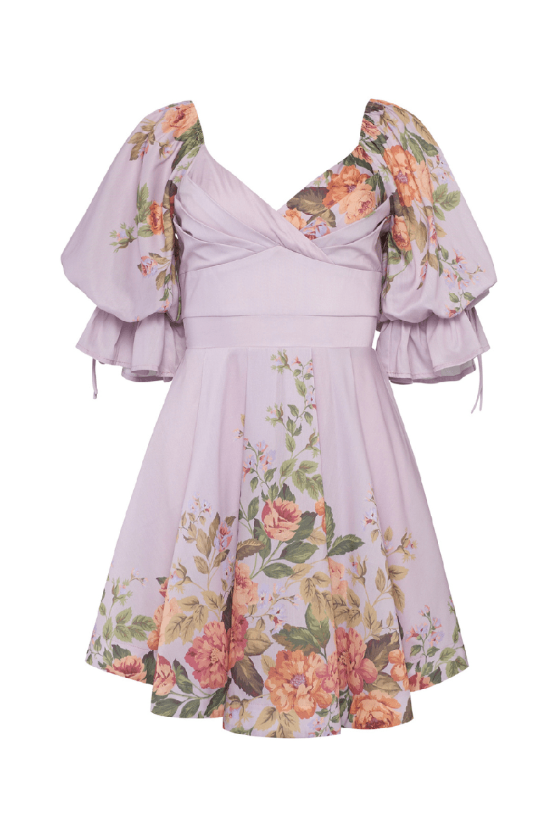 Twisted V Neck Puff Sleeve Floral A-Line Mini Dresses-Purple