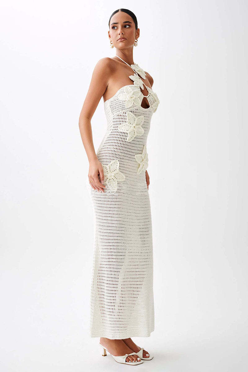 3D Flower Decor Slim Fit Backless Knit Halter Maxi Dresses-Blue