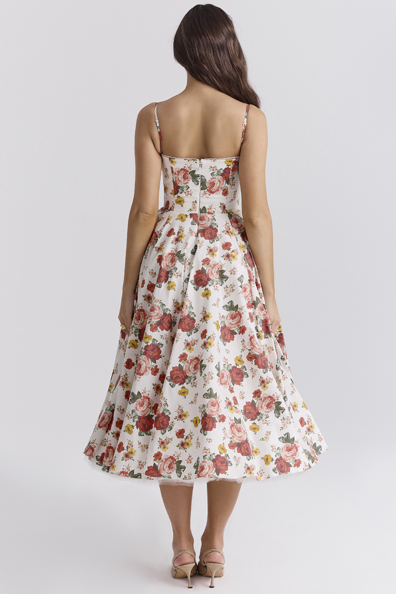 Floral Print Corset Spaghetti Strap Midi Dresses-White