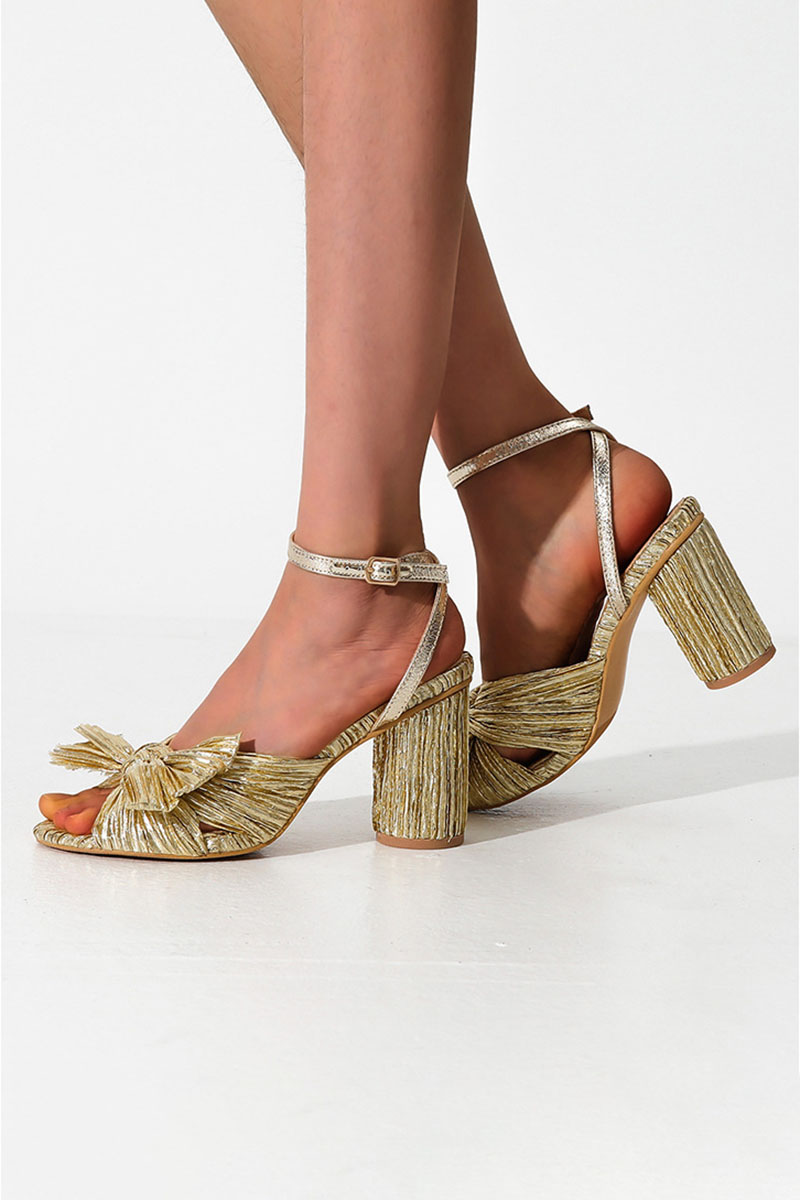 Pleated Bow Ankle Strap Chunky High Heel Sandals