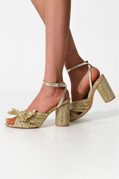 Pleated Bow Ankle Strap Chunky High Heel Sandals