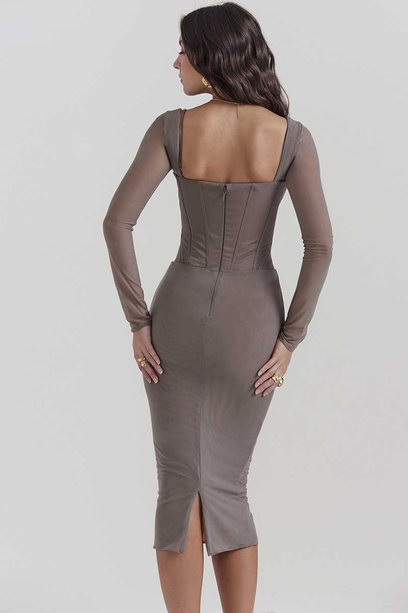 Square Neck Long Sleeve Embroidery Corset Bodycon Midi Dresses-Gray