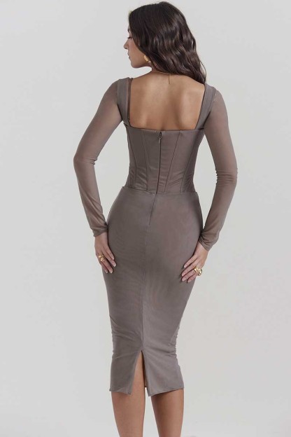 Square Neck Long Sleeve Embroidery Corset Bodycon Midi Dresses-Gray