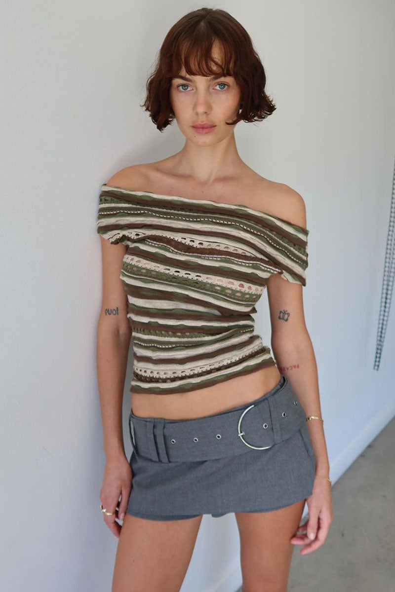 Boat Neck Off Shoulder Boho Pattern Hollow Out Vacation Crop Top-Green