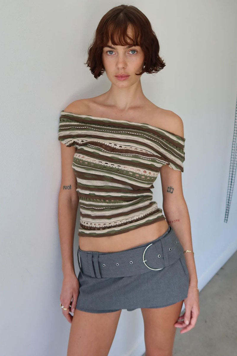 Boat Neck Off Shoulder Boho Pattern Hollow Out Vacation Crop Top-Green