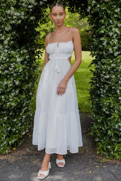 Tied Up Backless Ruched Tiered Pleated Slip Maxi Dress