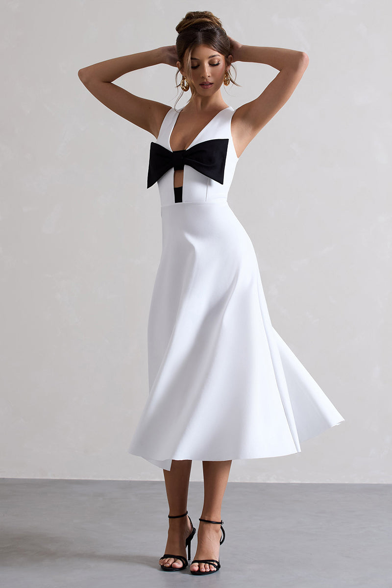Plunge Neck Bowknot Decor Sleeveless Midi Dresses-White