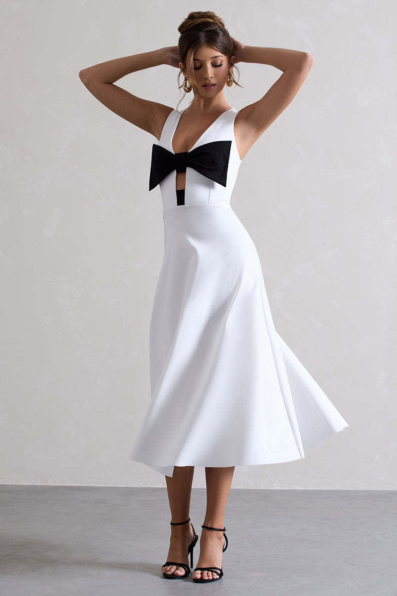 Plunge Neck Bowknot Decor Sleeveless Midi Dresses-White