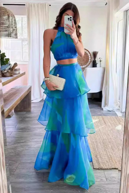 Sleeveless Crop Top Print Mesh Layered Maxi Skirt Party 2pcs Set-Blue