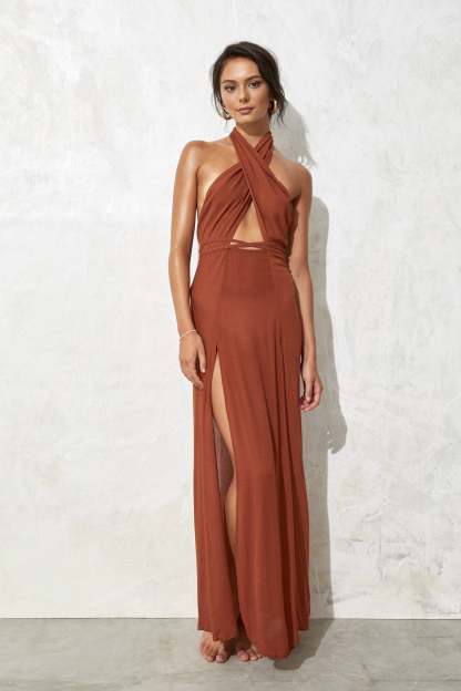 Cross Halter Sleeveless Slit Maxi Dresses