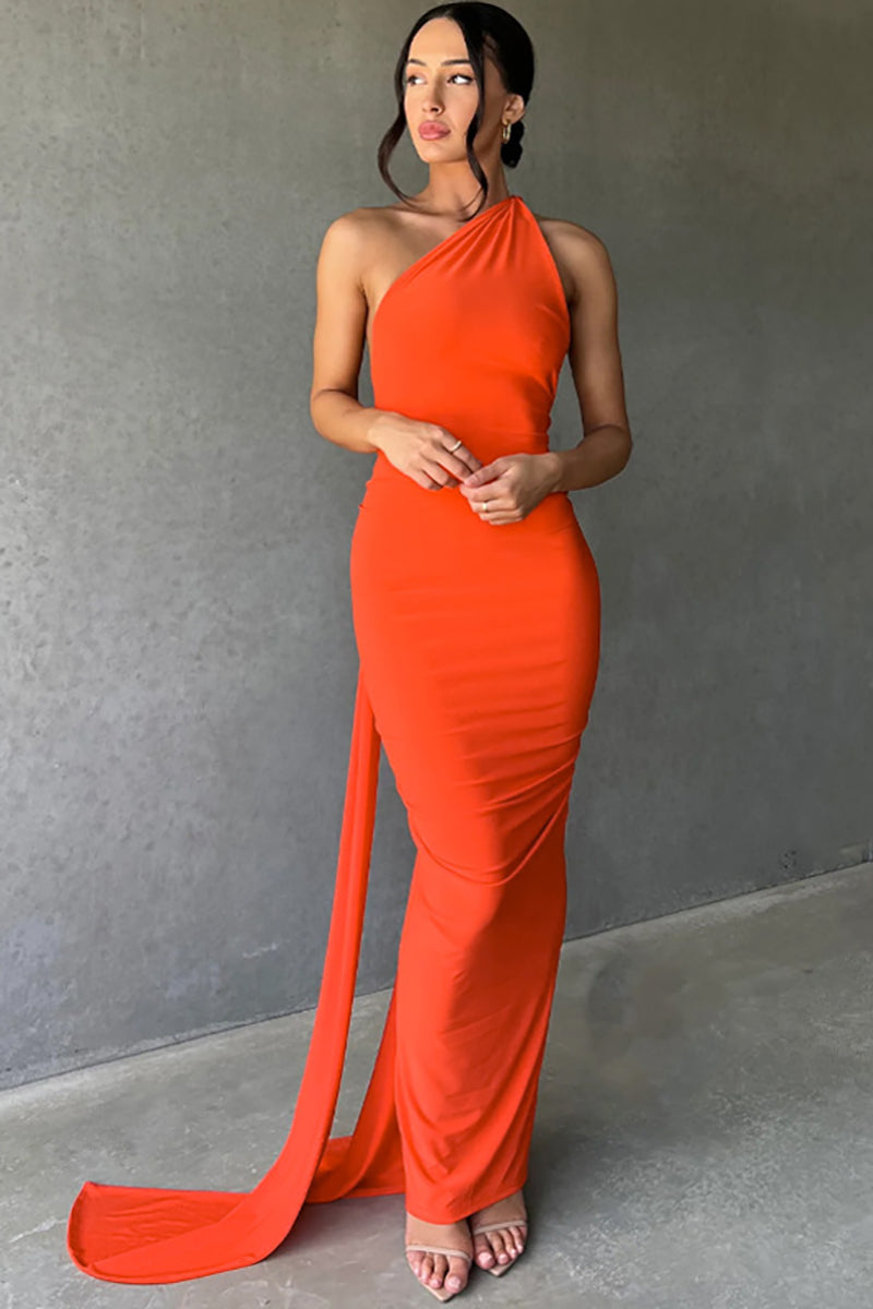 One Shoulder Sleeveless Sash Ring Decor Ruched Backless Elegant Evening Gown White Maxi Dresses