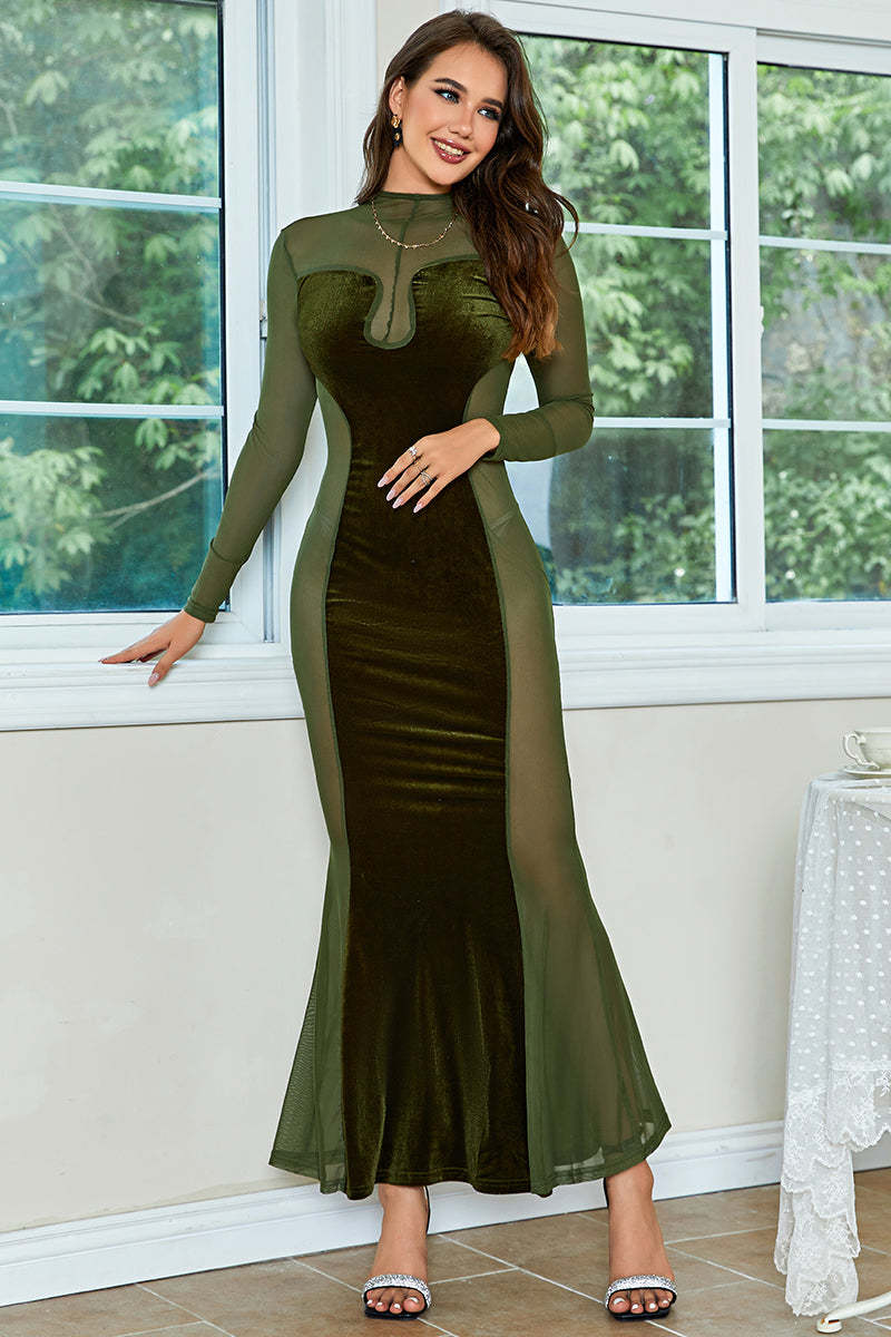 Y2K Fashions Velvet Mesh Patchwork Long Sleeve Gown Maxi Dresses