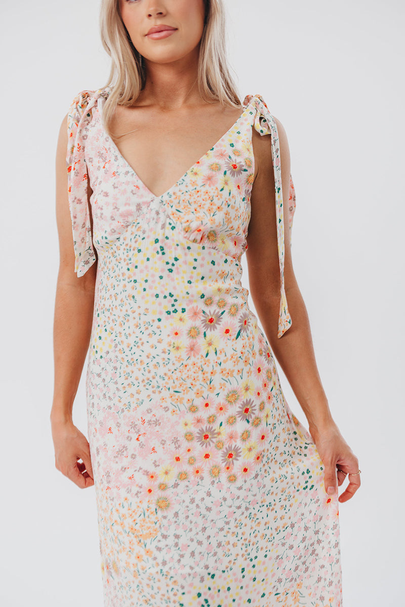 Floral Print V Neck Tied Up Sleeveless Midi Dresses-Beige Pre Order