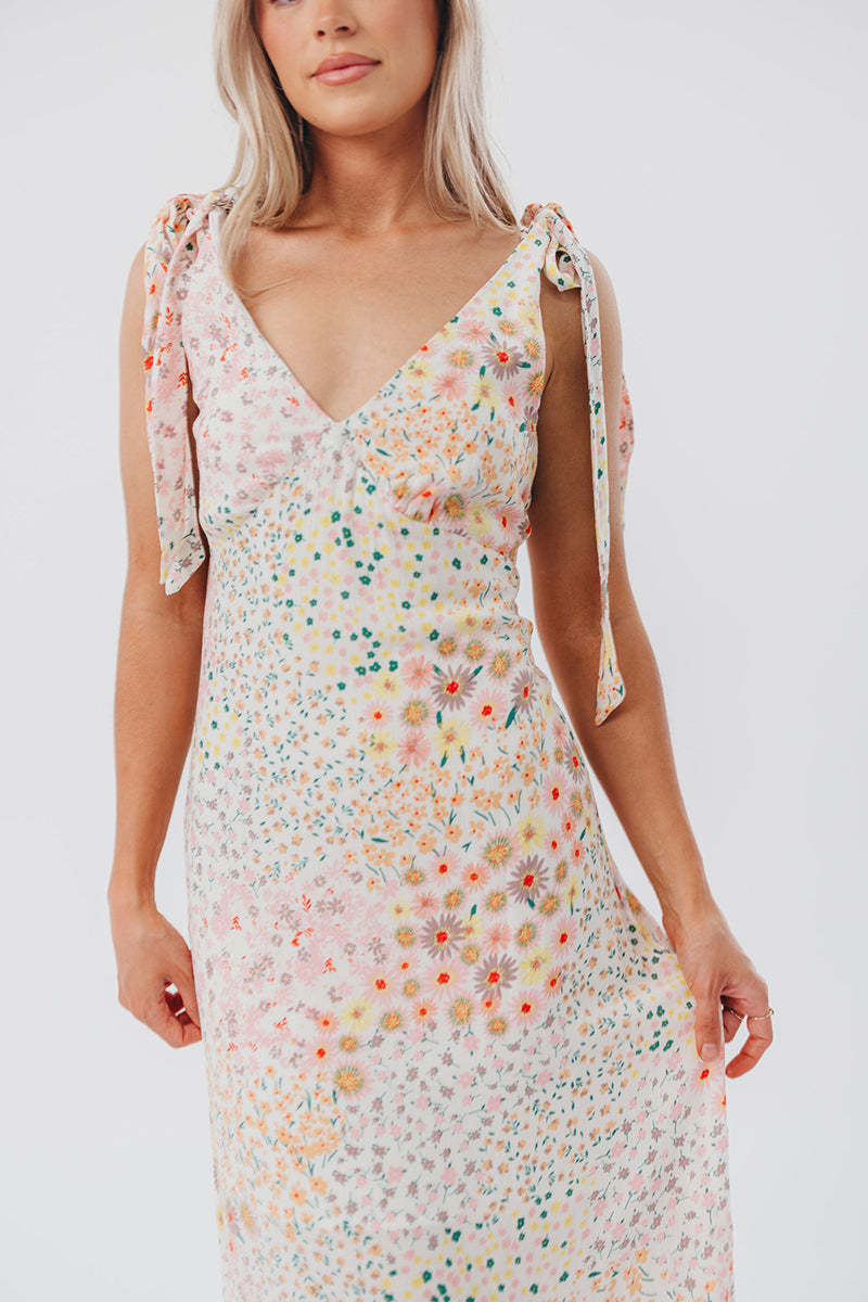 Floral Print V Neck Tied Up Sleeveless Midi Dresses-Beige Pre Order