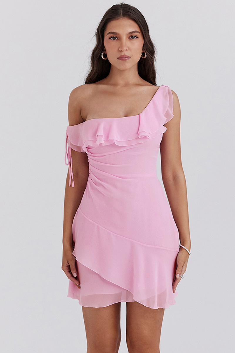 Skew Neck Ruffled Slim Fit Mini Dresses-Pink