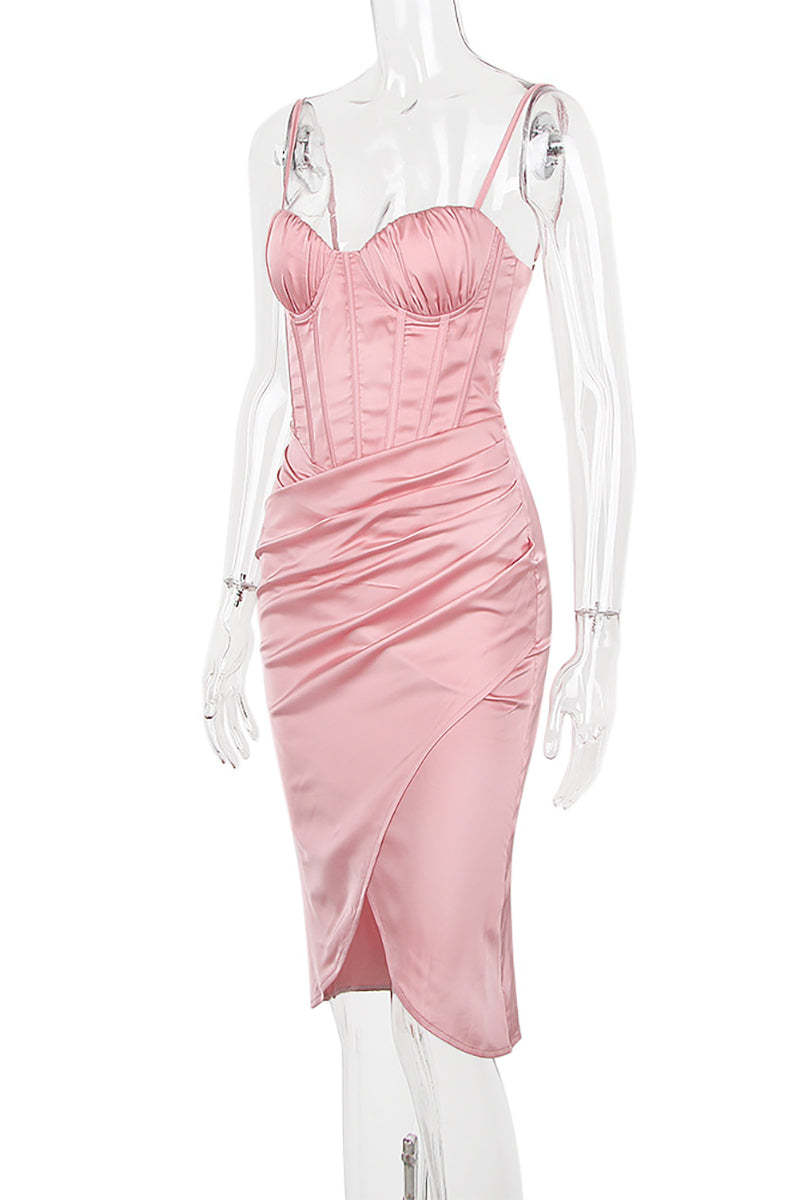 White Cami V Neck Ruched Corset Wrapped Pleated Bodycon Satin Evening Gown Midi Dresses